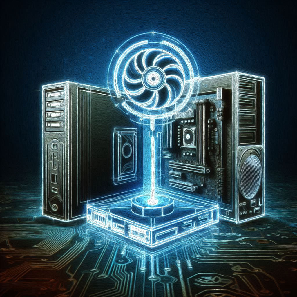 logo de deux tours d'ordinateur et un ventilateur représentant un service de support aux choix des composants d'un PC