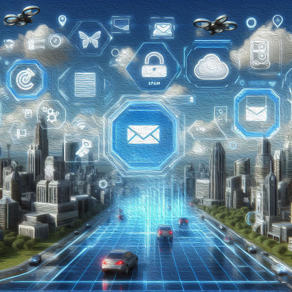 Logo de mail dans une ville futuriste représentant un service de gestion des messageries electroniques