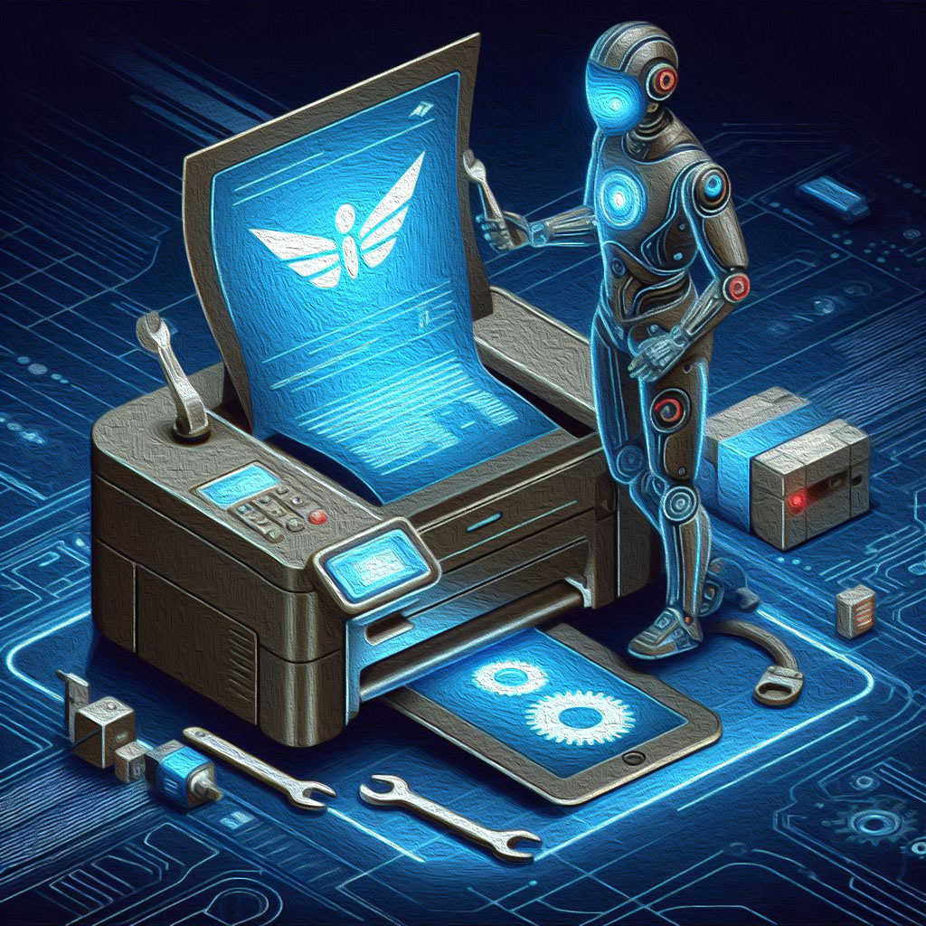 logo d'un robot réparant une imprimante représentant un service de réparation d'imprimane