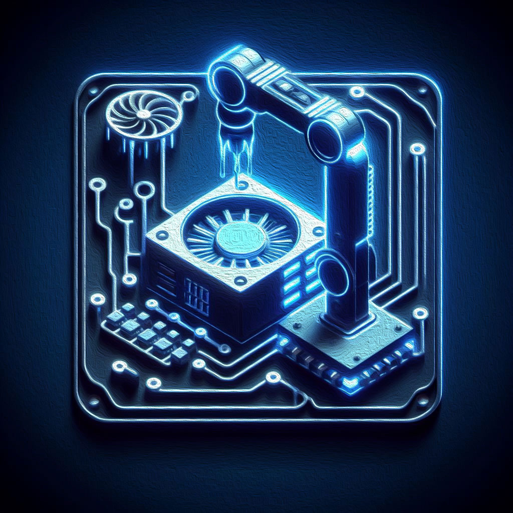 logo d'un robot d'usine et d'un ventilateur représetant un servie de montage de composants d'ordinateu