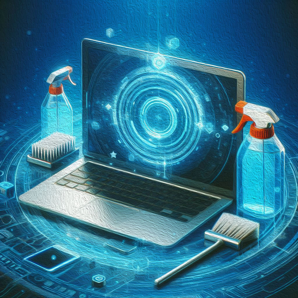 Logo d'un ordinateur portable et d'un pinceau repésentant un service de nettoyage d'ordinateur